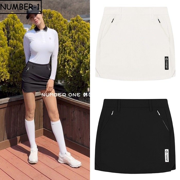 韩国代购CHUCUCHU高尔夫球服24年女夏纯色徽标拉链口袋斜开衩短裙