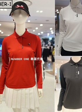 韩国代购pearly gates高尔夫球服25年女秋徽标半纽扣翻领长袖T恤