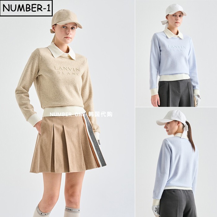韩国代购高尔夫球服25年女冬拼色徽标刺绣翻领长袖羊毛针织衫上衣