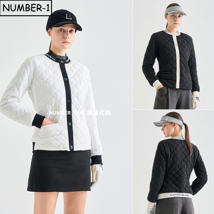 韩国代购高尔夫球服25年女冬徽标提花口袋纽扣领长袖绗缝保暖上衣