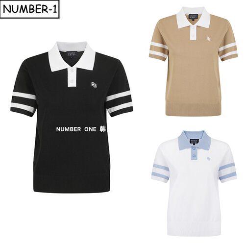 韩国代购pearly gates高尔夫球服26年女夏徽标半纽扣翻领短袖T恤