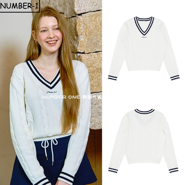 韩国代购pivvee高尔夫球服25年女春柔软时尚V领百搭针织长袖上衣