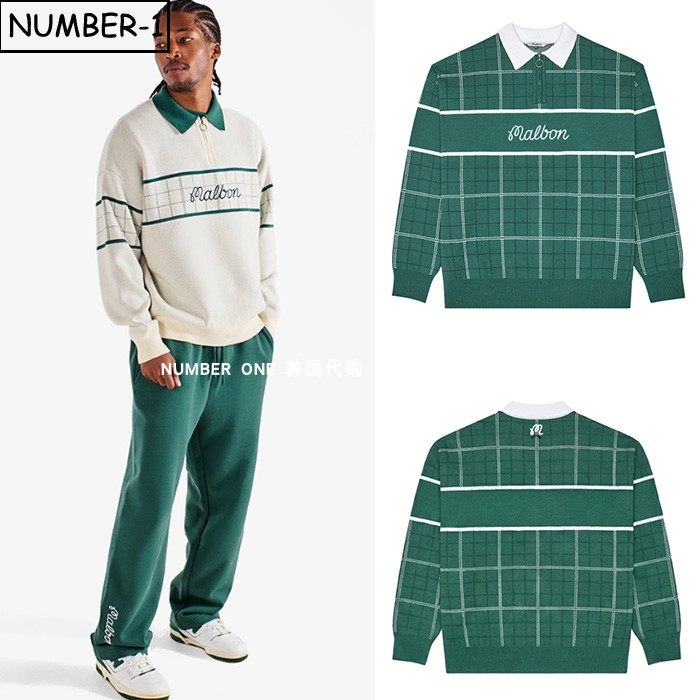 韩国代购malbon高尔夫球服26年男春徽标图案半拉链翻领长袖针织衫
