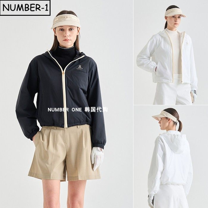 韩国代购高尔夫球服26年女春纯色徽标印花口袋全拉链连帽长袖上衣