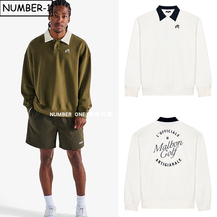 折扣韩国代购malbon高尔夫球服25年男夏图案纽扣翻领长袖套头上衣