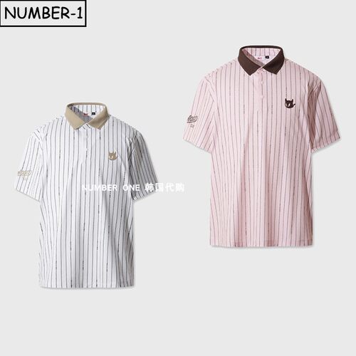 韩国代购waac高尔夫球服26年男夏条纹印花纽扣翻领短袖T恤polo衫