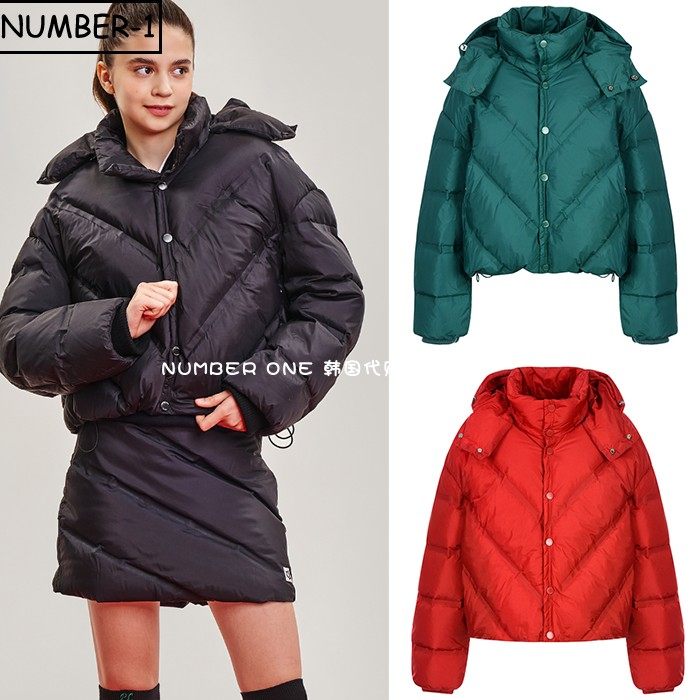 折扣款韩国代购plabel高尔夫球服女冬季纯色徽标高领连帽羽绒服