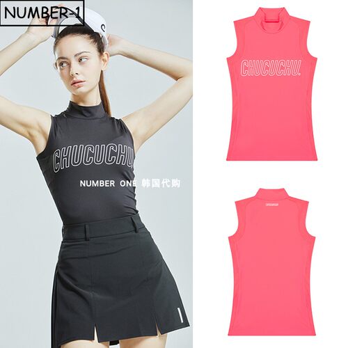 韩国代购CHUCUCHU高尔夫球服女夏纯色徽标小高领网眼无袖背心