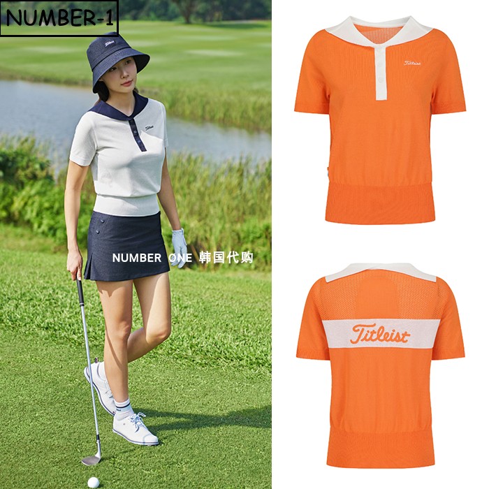 韩国代购titleist高尔夫球服26年女夏徽标图案纽扣水手领短袖T恤
