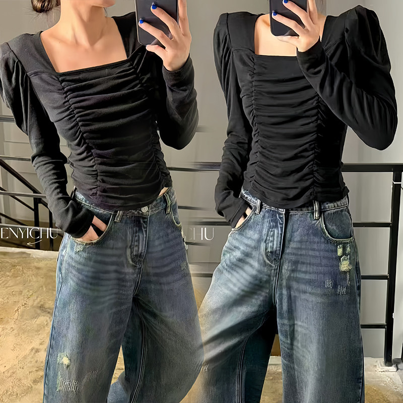 韩系方领泡泡袖上衣女秋季胸前褶皱收腰短款修身纯欲风长袖打底衫