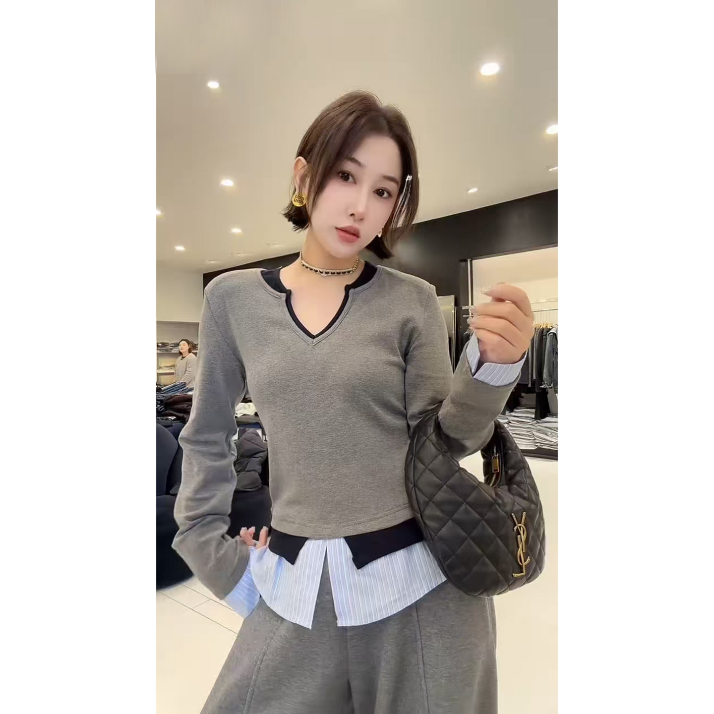 欧货设计感小众拼色假两件T恤女