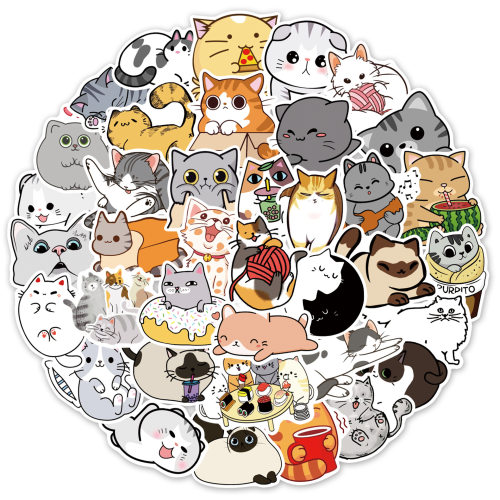 50张卡通可爱搞笑猫咪涂鸦贴纸旅行箱吉他汽车电脑防水PVC贴纸