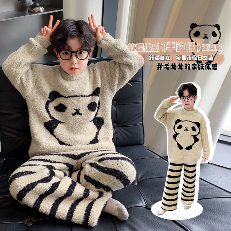 儿童装男童睡衣冬季家居服加绒大童男孩加厚秋冬款珊瑚绒法兰绒潮