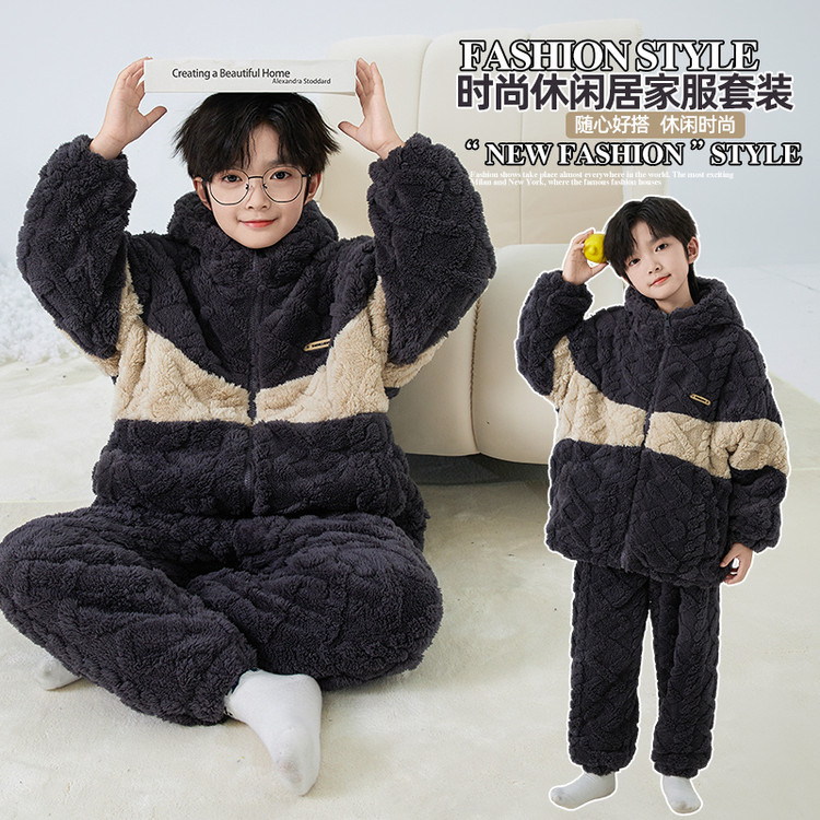 儿童装男童睡衣冬季家居服加绒大童男孩加厚秋冬款珊瑚绒法兰绒潮