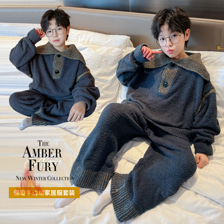 儿童装男童睡衣冬季家居服加绒大童男孩加厚秋冬款珊瑚绒法兰绒潮