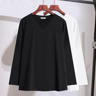 女装 胖mm纯色V领长袖 特大码 新款 240斤宽松显瘦上衣 T恤2025年秋季
