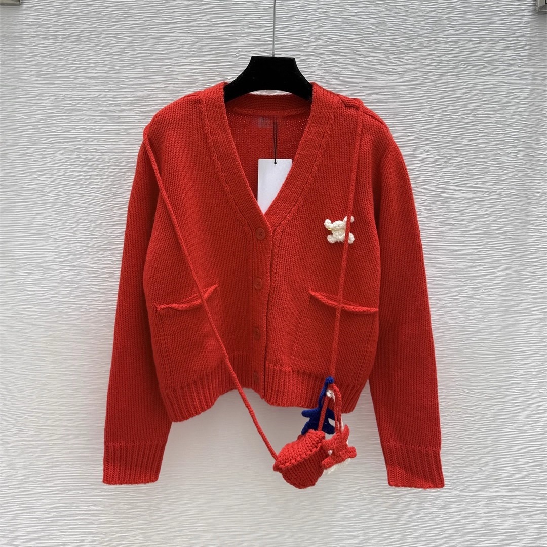 红色V领针织开衫女长袖毛衣外套