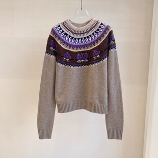 费尔岛风圆领提花针织衫女秋冬新慵懒松弛感毛线衣复古民族感上衣