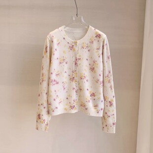 高级感chic别致高档洋气温柔风碎花针织开衫女韩里韩气的外套毛衣