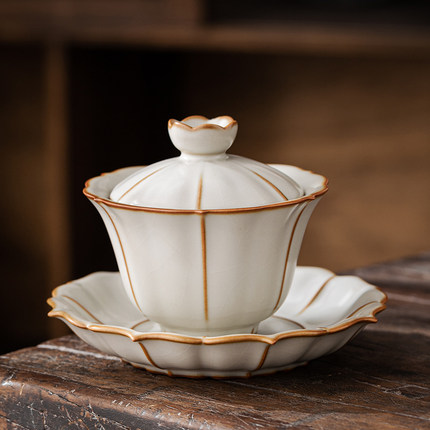 汝窑盖碗手工汝瓷茶具功夫茶碗冰裂开片可养大号陶瓷泡茶三才盖杯
