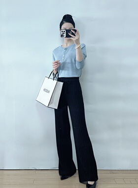 绍兴美代 Theory 浅蓝色圆领半扣长款开叉T恤 K119504R 现PS