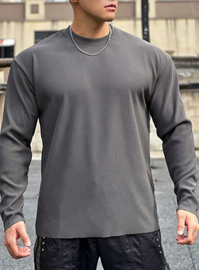 秋冬男士健身运动弹力透气速干纯色打底衫褶皱休闲宽松长袖T恤