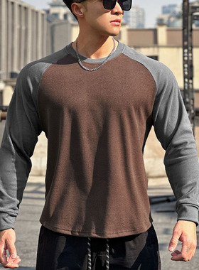 秋冬男健身运动双面德绒加厚保暖拼色短款打底衫宽松大码长袖T恤