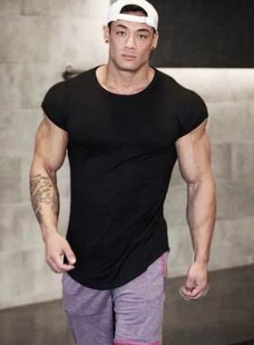 夏季男士健身运动训练弹力透气纯色一分袖坎肩休闲宽肩修身短袖t