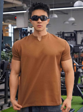 夏季男士健身运动修身显大小袖口纯色小v领弹力吸汗透气短袖T恤