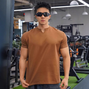 口纯色小v领弹力吸汗透气短袖 夏季 显大小袖 健身运动修身 T恤 男士