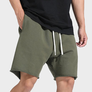 夏季男士健身运动宽松大码毛边棉质纯色休闲弹力透气美式五分短裤