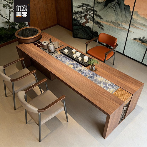 新中式北美黑胡桃木大理石茶桌