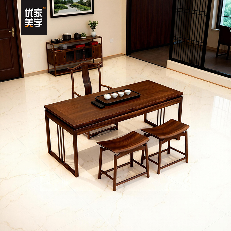黑胡桃木新中式茶室客厅两用茶桌