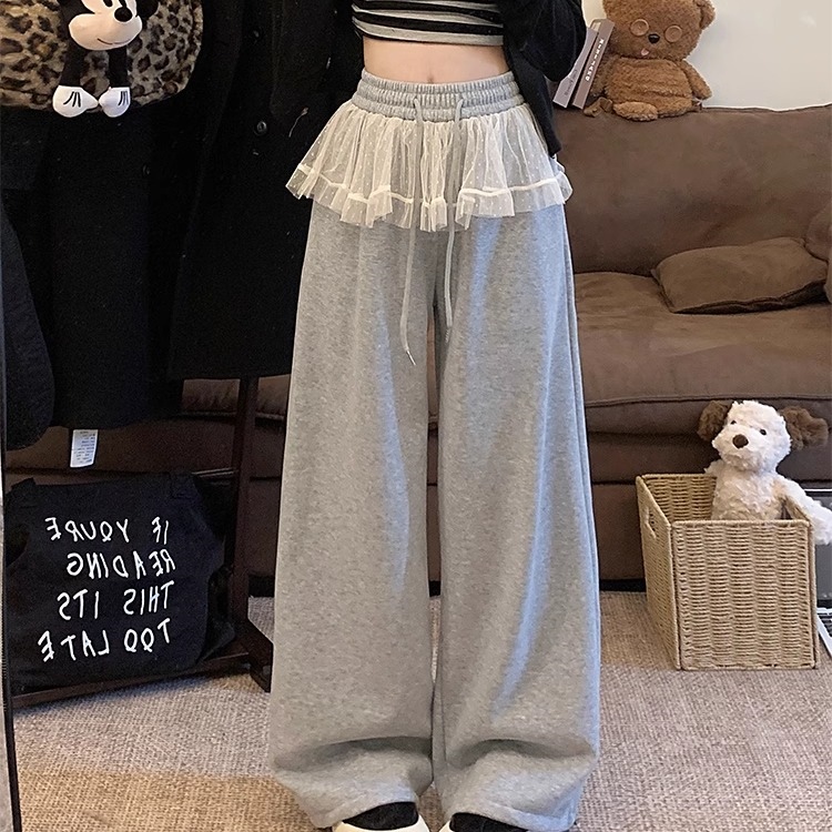 屁帘卫裤甜美蕾丝保暖束脚叠穿屁帘裤假两件高腰加绒休闲阔腿裤子