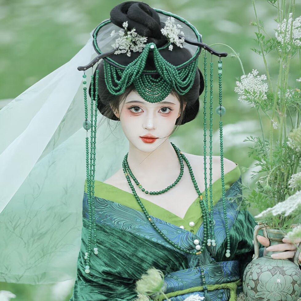阿若公主绿色流苏面帘米珠斗笠帷帽演出拍摄道具秦汉战国汉服饰品