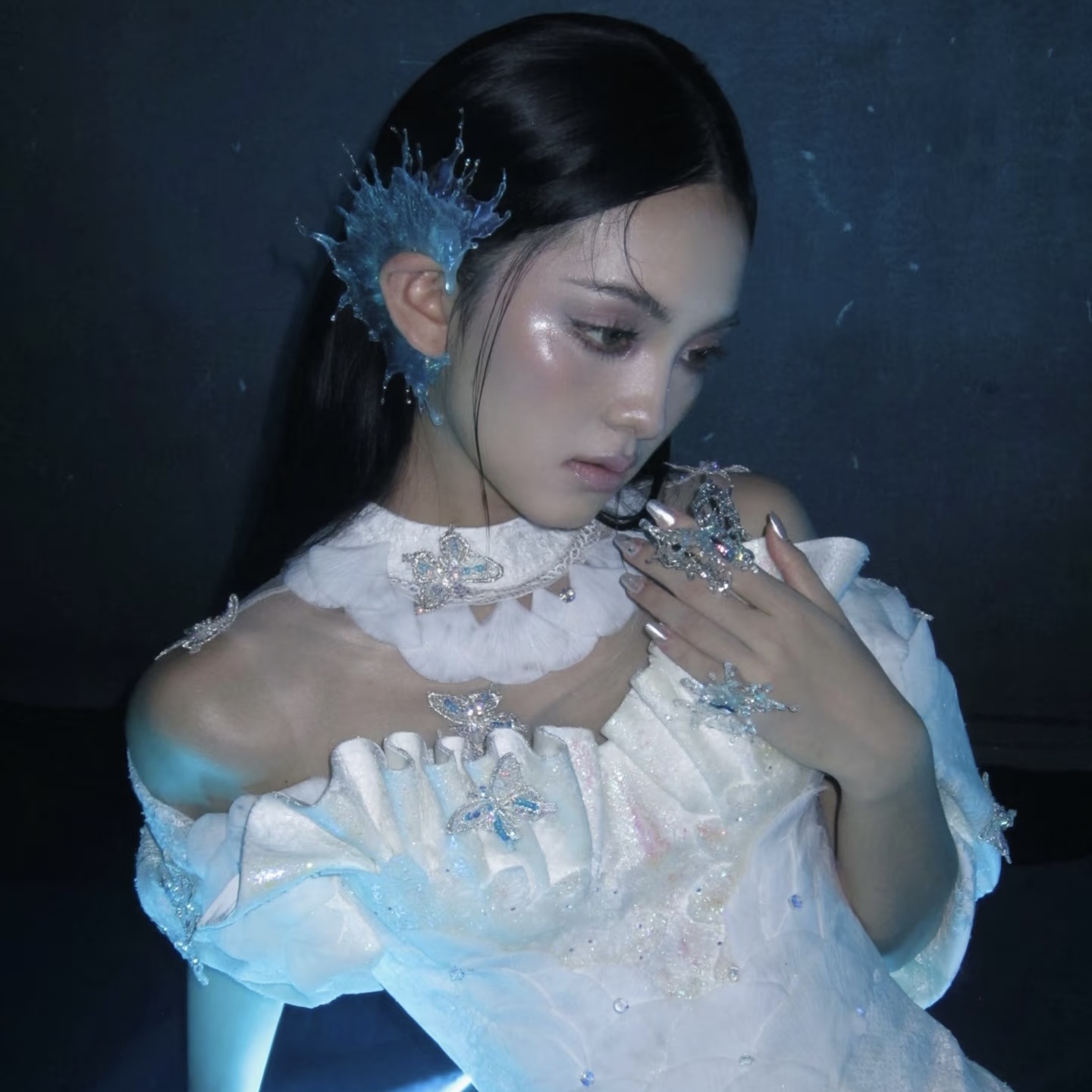蓝色人鱼耳饰水滴头饰美人鱼鲛人耳挂cosplay汉服配饰写真水珠