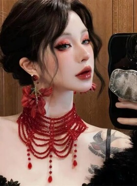 红色血滴配饰暗黑风多层流苏项链女个性设计感仿珍珠颈链气质配饰