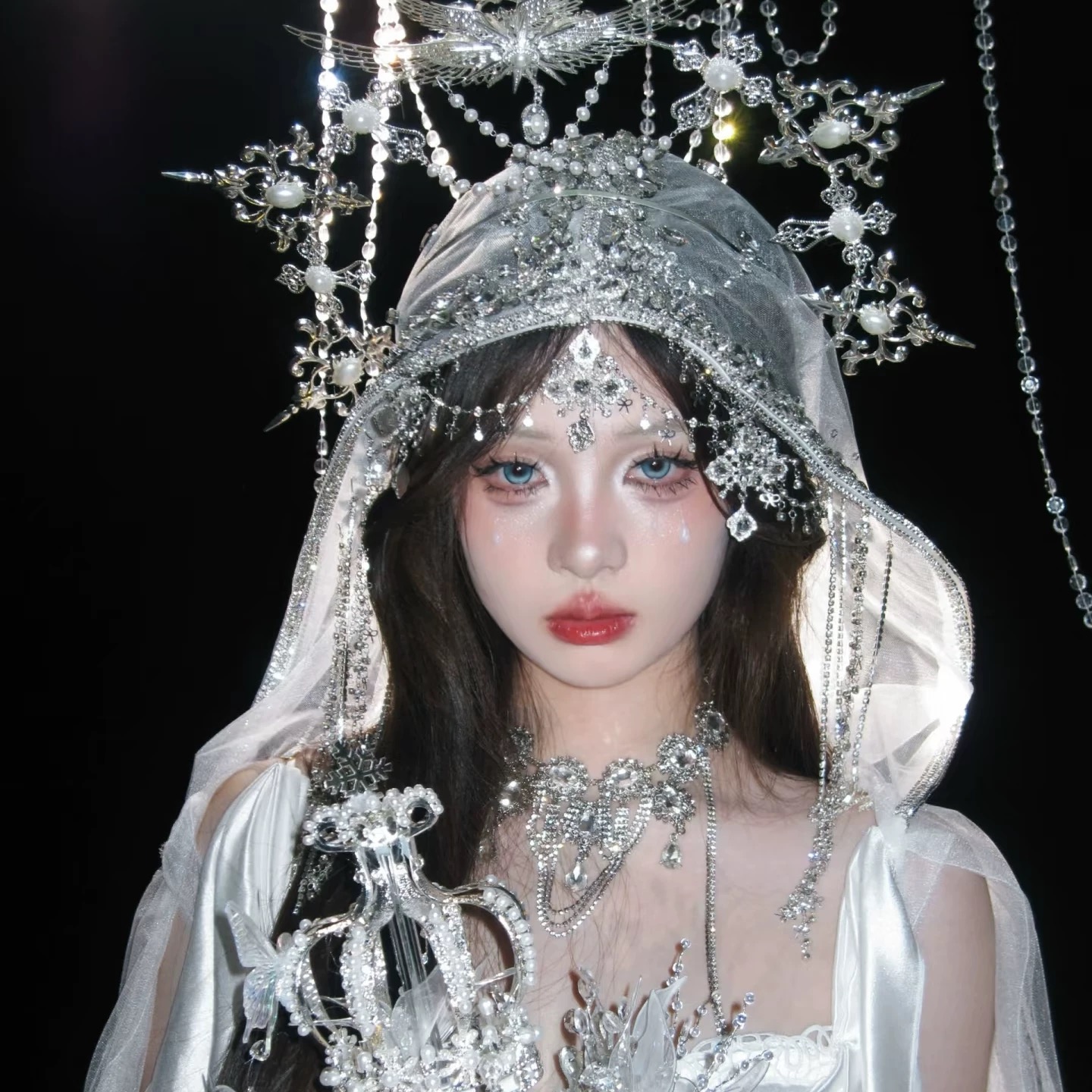 新款万圣节皇冠圣母珍珠光环发箍人鱼公主发冠古风发饰汉服饰品