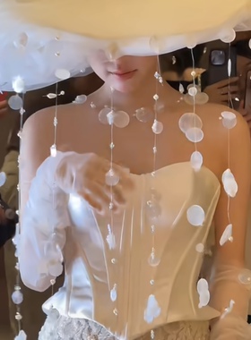 新娘白色纱帽珍珠流苏婚礼拍照道具高级礼帽贝壳贝母个性唯美头纱