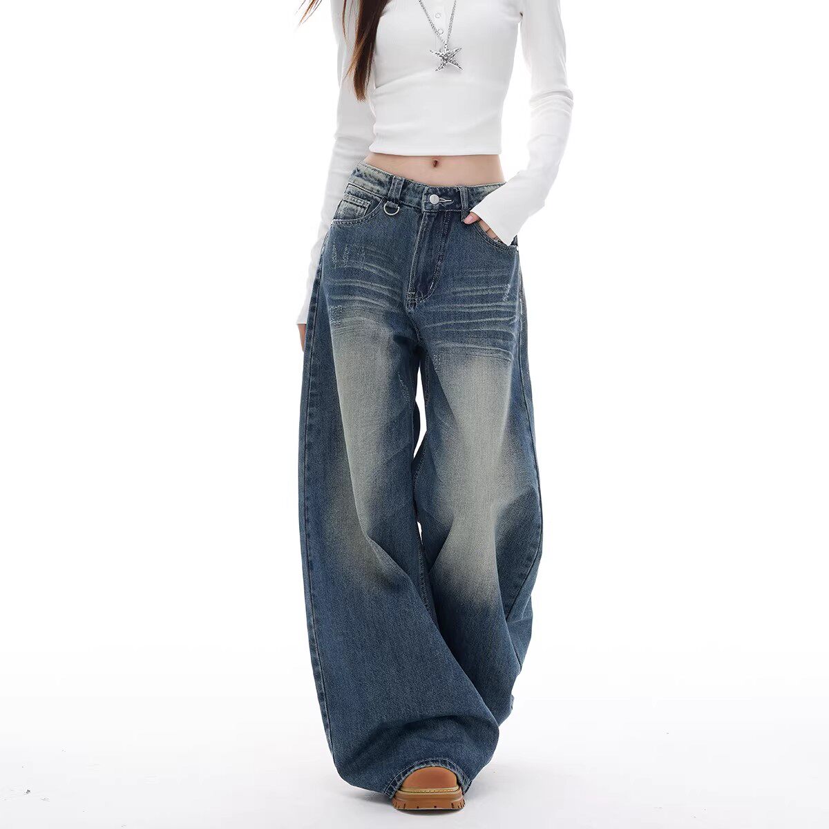 美式复古宽松阔腿牛仔裤女2026春季新款低腰显瘦慵懒风直筒裤子