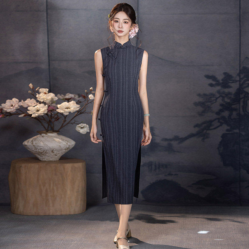 蓝色条纹国风新中式长款改良旗袍2026新款女感民国学生装夏季