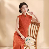 改良旗袍女2026春季 年轻款 新款 修身 高级感连衣裙 橙色无袖 新中式