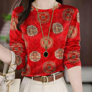 2026春秋新款妈妈装长袖圆领打底衫洋气减龄遮肚显瘦T恤女上衣潮