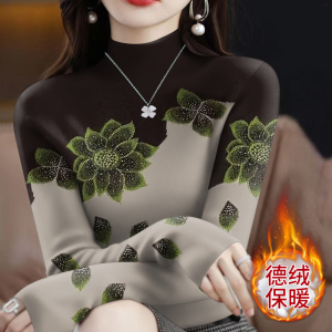 德绒保暖印花T恤女秋冬新款气质妈妈装宽松大码半高领套头打底衫