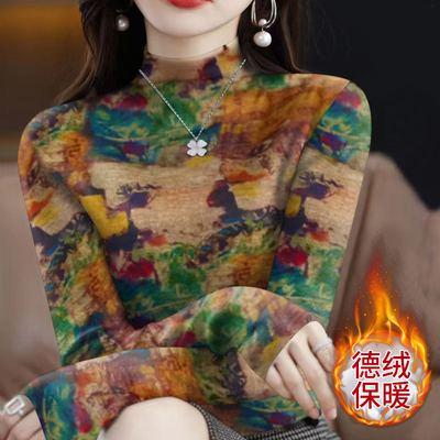 德绒保暖印花T恤女秋冬新款气质妈妈装宽松大码半高领套头打底衫