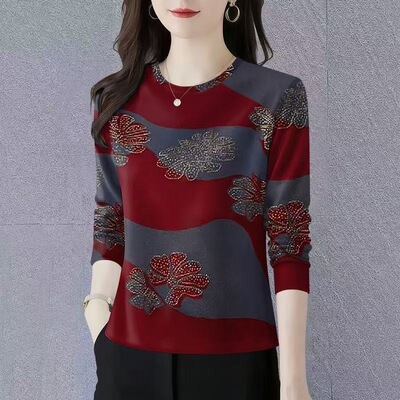 2025春秋新款妈妈装长袖圆领打底衫洋气减龄遮肚显瘦T恤女上衣潮