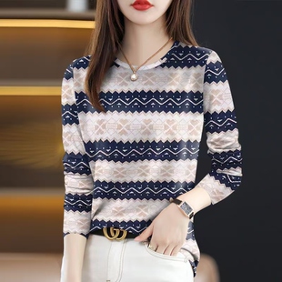 妈妈女装春秋长袖圆领打底衫2025新款高档时尚印花遮肚T恤女上衣