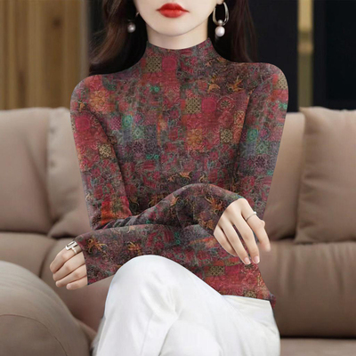 德绒保暖印花T恤女秋冬新款气质妈妈装宽松大码半高领套头打底衫