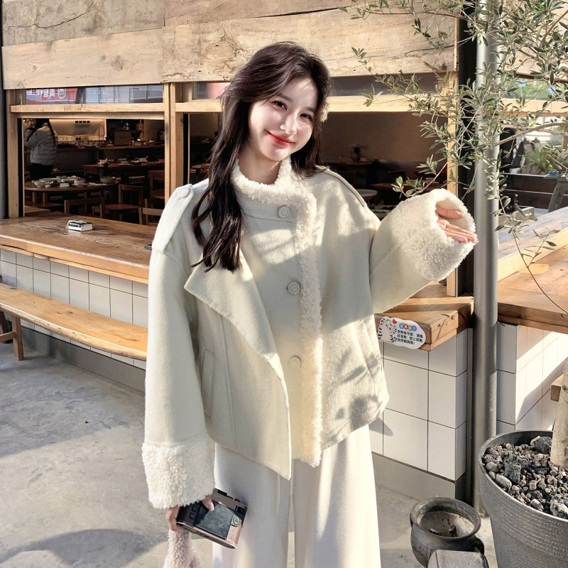 2025年冬季【70绵羊毛】拼接双面呢外套长袖韩式立领短款单排扣,女装/女士精品,毛呢外套,淘宝优惠券,粉丝福利购,淘宝优惠卷
