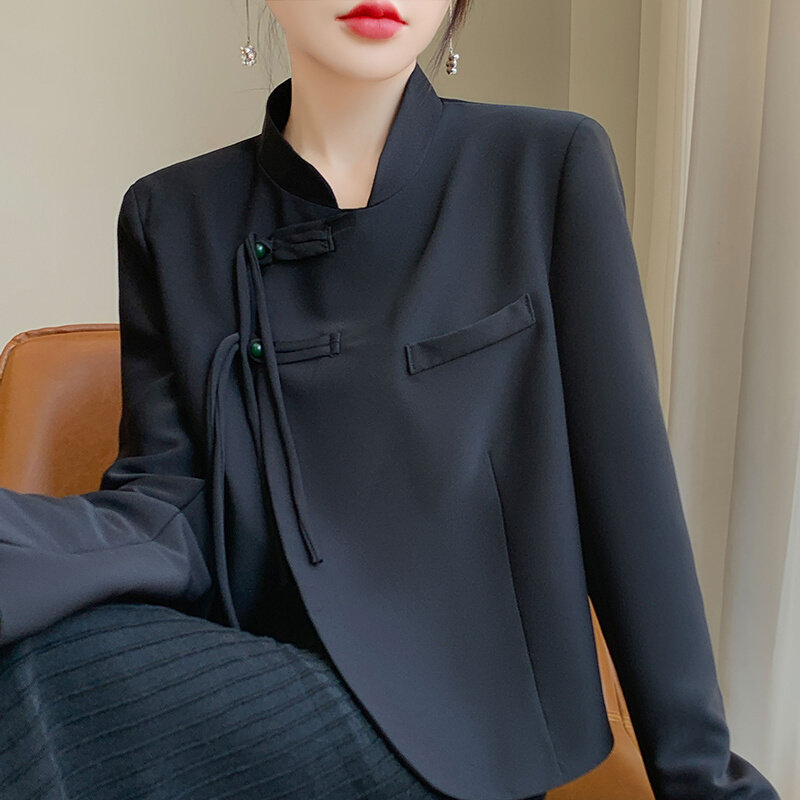 短款新中式外套女盘扣流苏斜门襟立领醋酸西装上衣国风西服小个子,女装/女士精品,短外套,淘宝优惠券,粉丝福利购,淘宝优惠卷